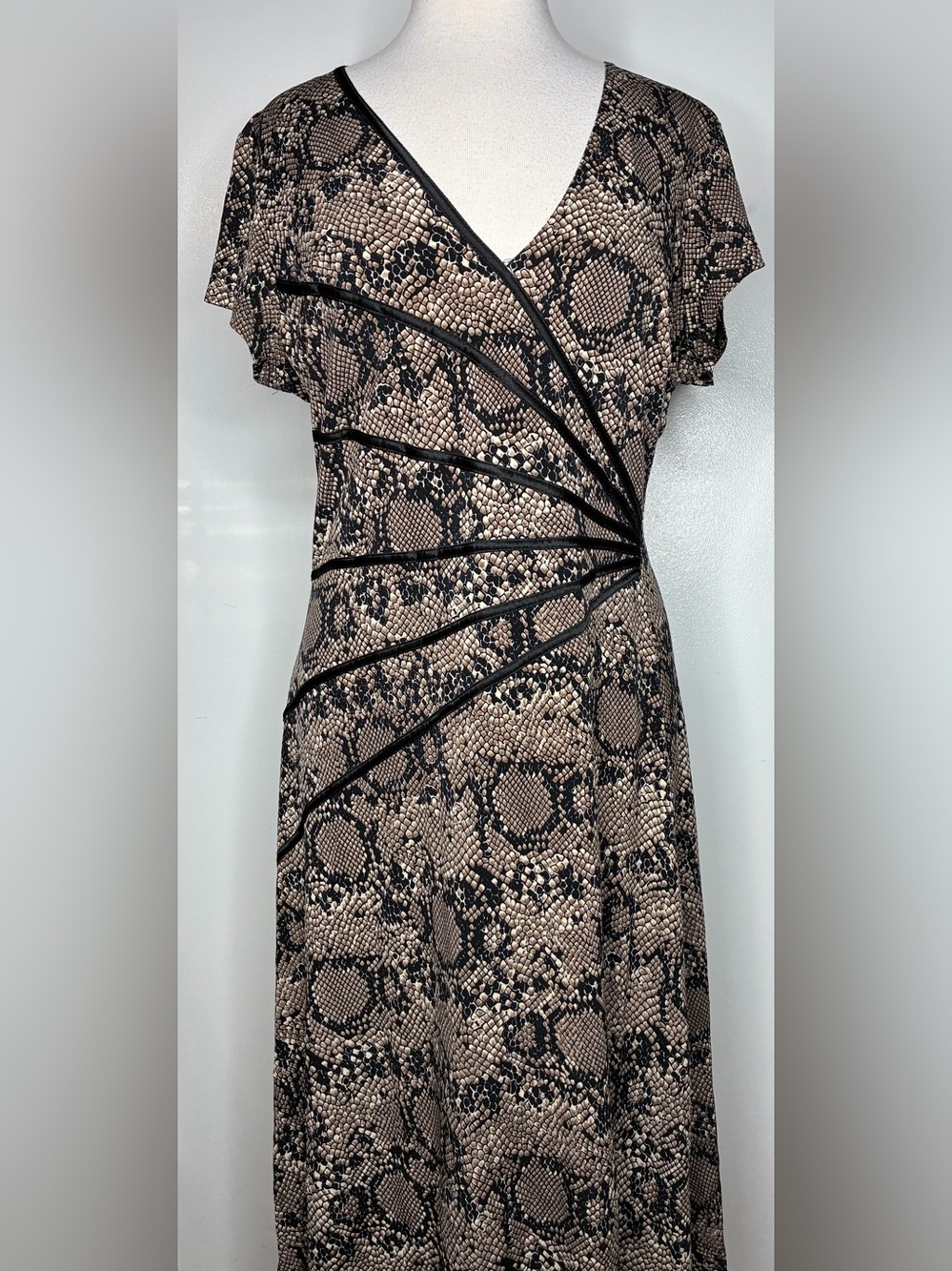 Snake-Print Midi Dress with Faux-Wrap Detail in Taupe & Black